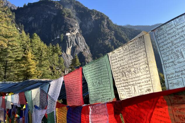 Las banderas de oración, desgastadas por el tiempo, transmiten plegarias silenciosas que se funden con la solemnidad del paisaje butanés.