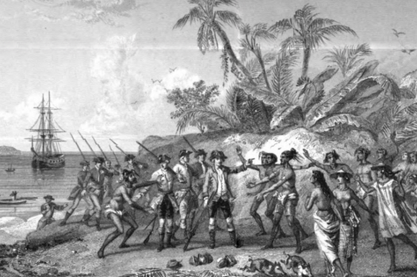 Un antiguo grabado que representa la expedición de Bougainville a su llegada a las costas de Tahití, donde se descubrió la verdadera identidad de Baret.